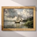 Full frame view of An impressionist oil painting, a sailboat on a lake, distant view, puffy clouds, gray sky