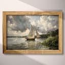 Full frame view of An impressionist oil painting, a sailboat on a lake, distant view, puffy clouds, gray sky