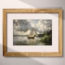 Matted frame view of An impressionist oil painting, a sailboat on a lake, distant view, puffy clouds, gray sky