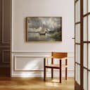 Room view with a full frame of An impressionist oil painting, a sailboat on a lake, distant view, puffy clouds, gray sky