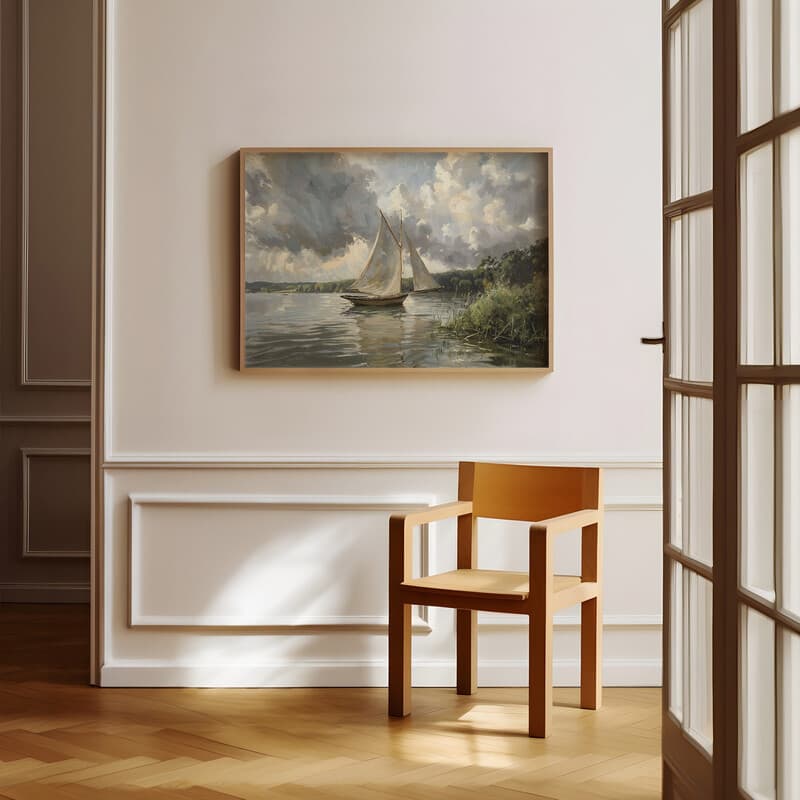 Room view with a full frame of An impressionist oil painting, a sailboat on a lake, distant view, puffy clouds, gray sky