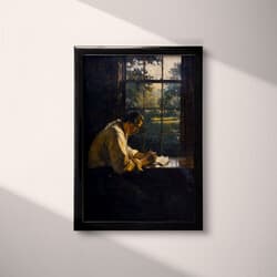 Man Writing Digital Download | Figurative Wall Decor | Portrait Decor | Black, Brown, Green and Beige Print | Mid Century Wall Art | Office Art | Father's Day Digital Download | Autumn Wall Decor | Oil Painting