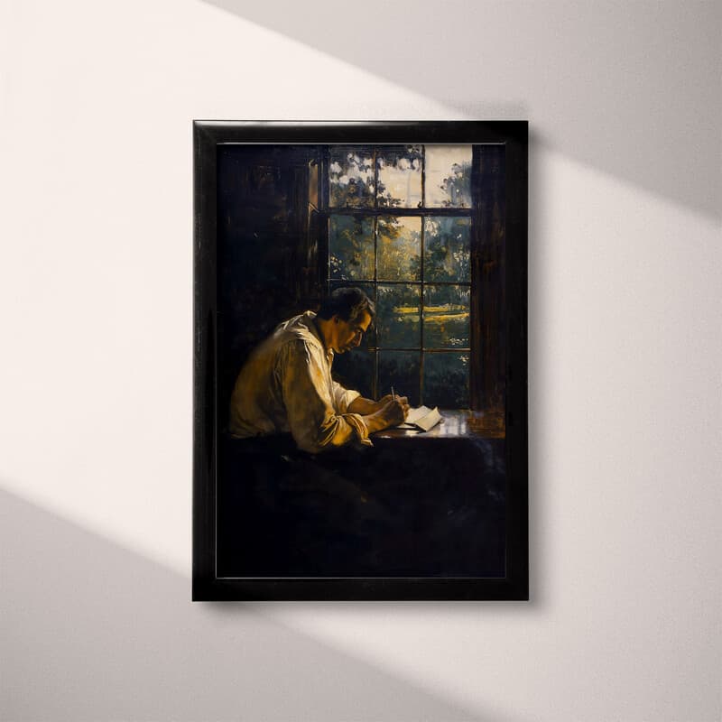 Full frame view of A mid-century oil painting, a man writing a letter, distant view