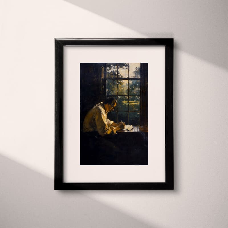 Matted frame view of A mid-century oil painting, a man writing a letter, distant view