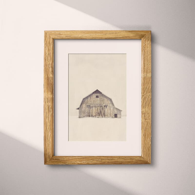 Matted frame view of A rustic pastel pencil illustration, a barn