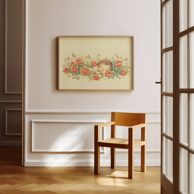 Room view with a full frame of A cute chibi anime colored pencil illustration, a rose garden