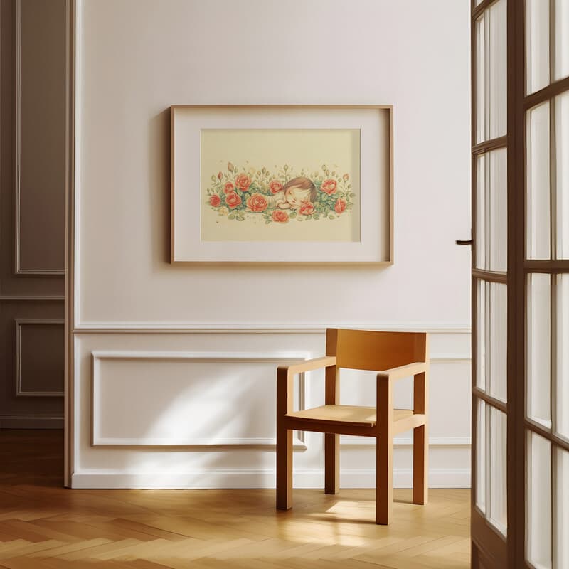 Room view with a matted frame of A cute chibi anime colored pencil illustration, a rose garden