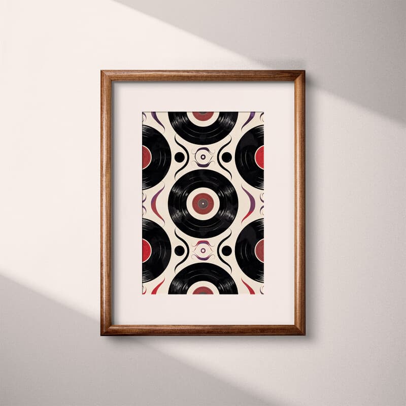 Matted frame view of A contemporary textile print, symmetric vinyl record pattern