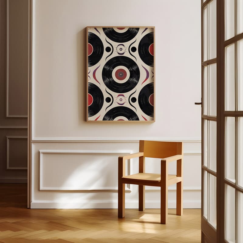 Room view with a full frame of A contemporary textile print, symmetric vinyl record pattern