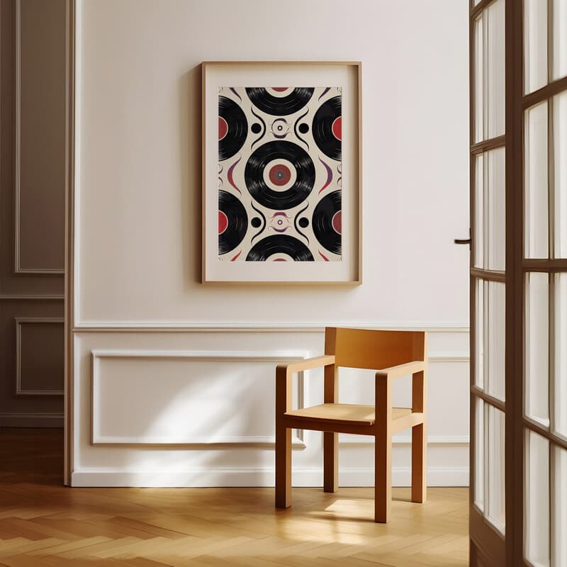 Room view with a matted frame of A contemporary textile print, symmetric vinyl record pattern