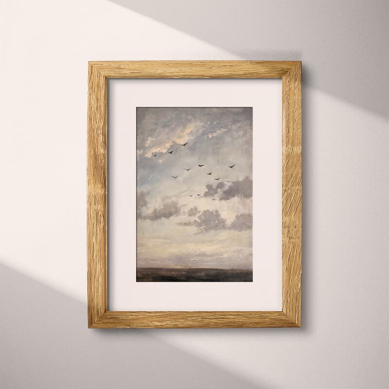 Matted frame view of An impressionist oil painting, sky full of clouds, birds in the distance