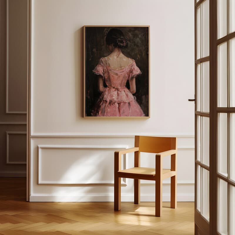 Room view with a full frame of An impressionist oil painting, a woman in a pink dress, back view