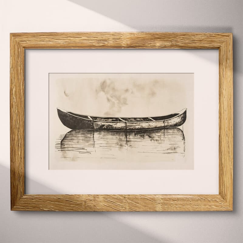 Matted frame view of A vintage graphite sketch, a canoe