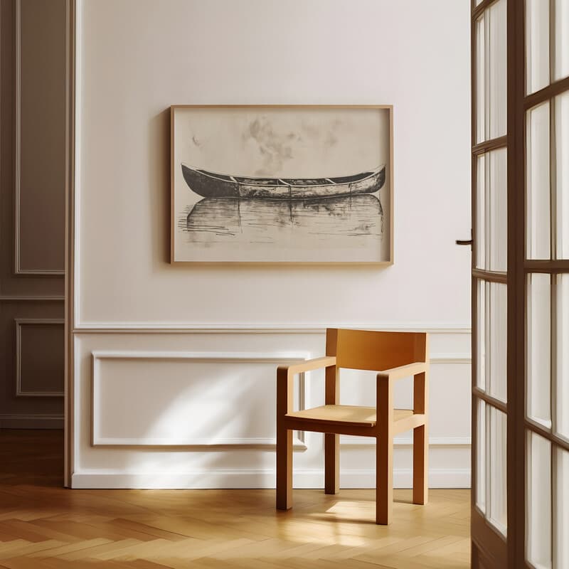 Room view with a full frame of A vintage graphite sketch, a canoe