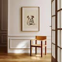 Room view with a matted frame of A cute chibi anime pastel pencil illustration, a bulldog