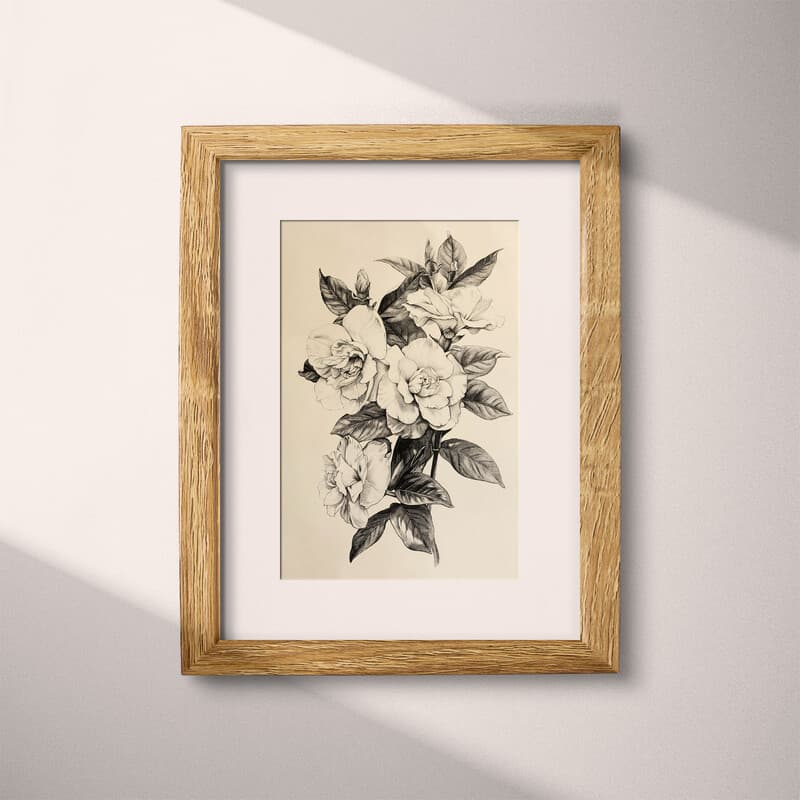 Matted frame view of A vintage charcoal sketch, gardenias