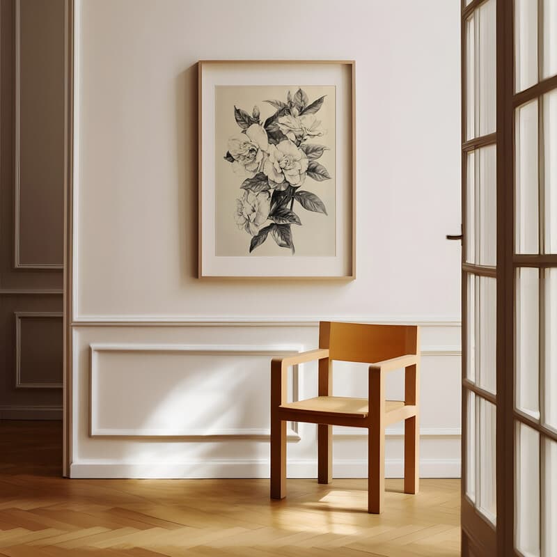 Room view with a matted frame of A vintage charcoal sketch, gardenias