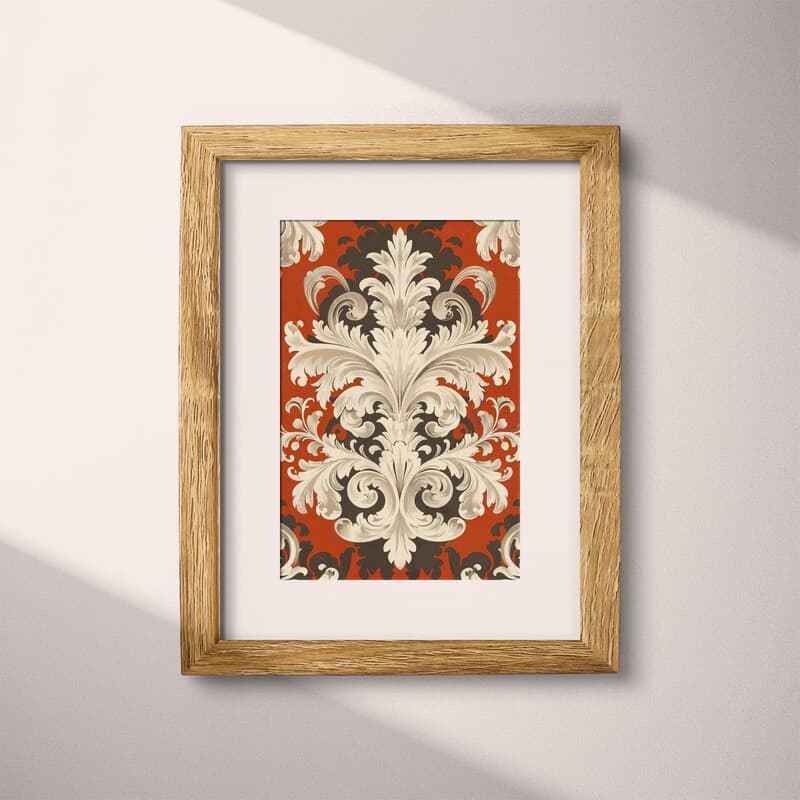 Matted frame view of A baroque textile print, symmetric intricate pattern