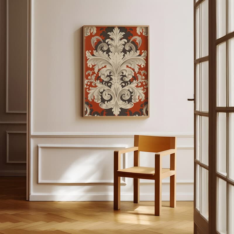 Room view with a full frame of A baroque textile print, symmetric intricate pattern