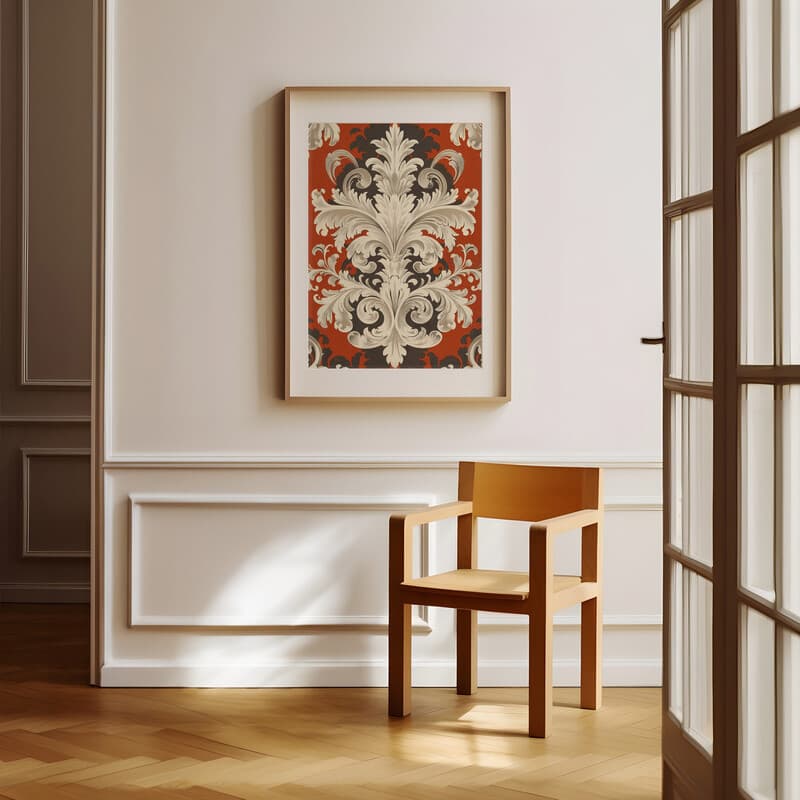 Room view with a matted frame of A baroque textile print, symmetric intricate pattern