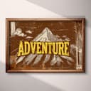 Full frame view of A vintage linocut print, the word "ADVENTURE" with a mountain