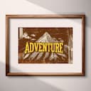 Matted frame view of A vintage linocut print, the word "ADVENTURE" with a mountain