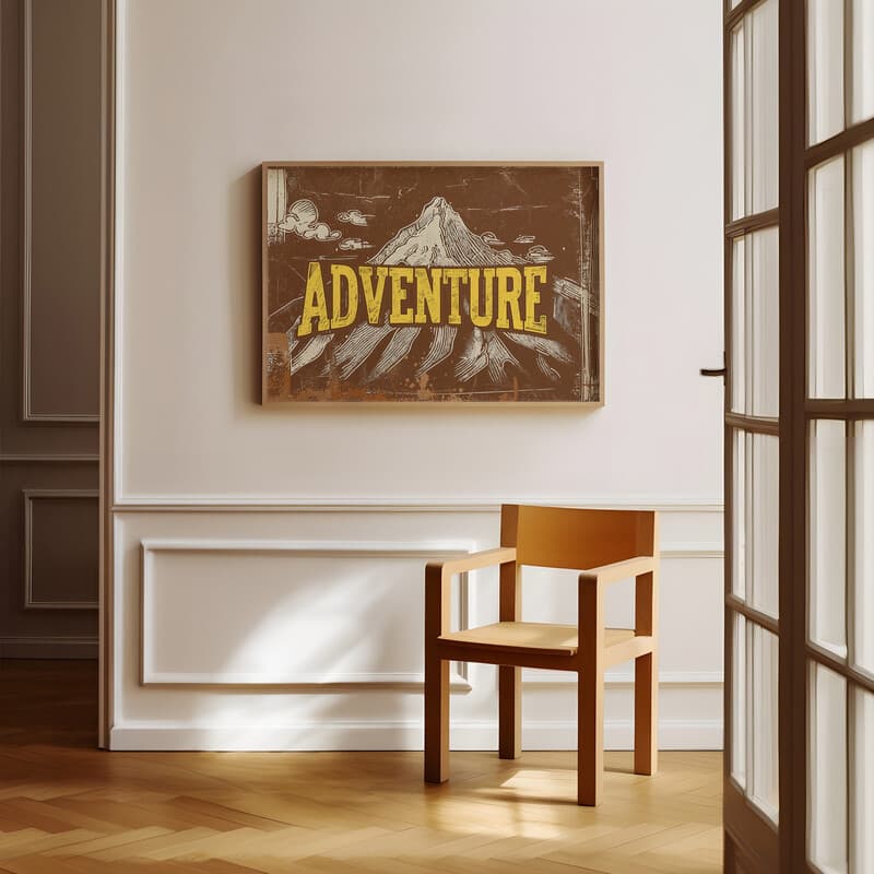 Room view with a full frame of A vintage linocut print, the word "ADVENTURE" with a mountain