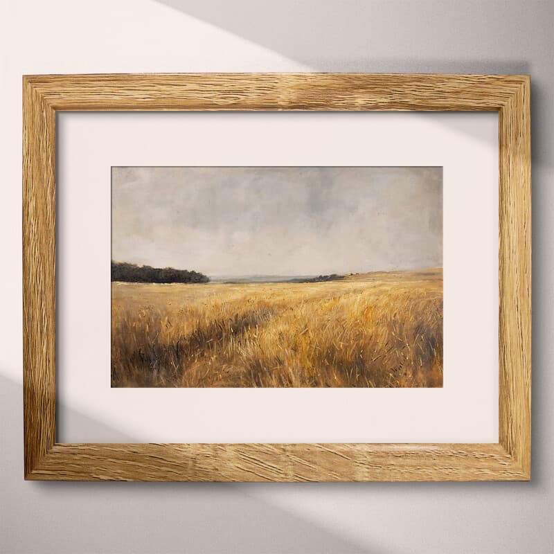 Matted frame view of A farmhouse oil painting, a wheat field, gray sky