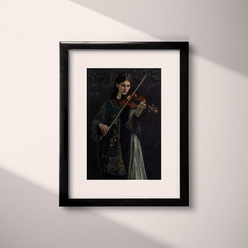 Matted frame view of A vintage oil painting, a woman playing a violin