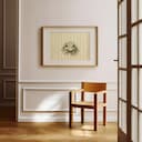 Room view with a matted frame of A cute chibi anime pastel pencil illustration, a frog