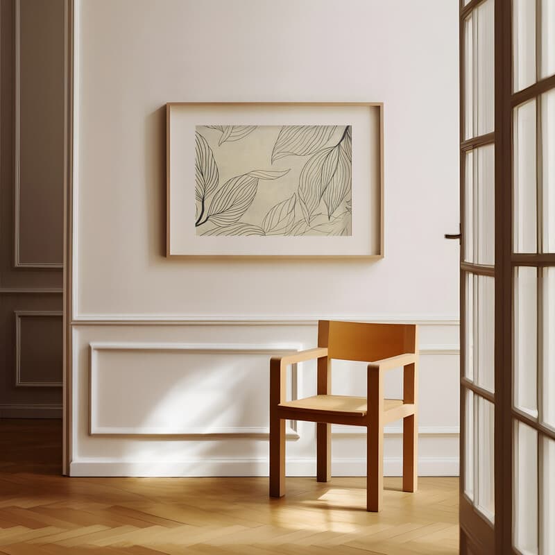 Room view with a matted frame of A botanical graphite sketch, botanical leaves