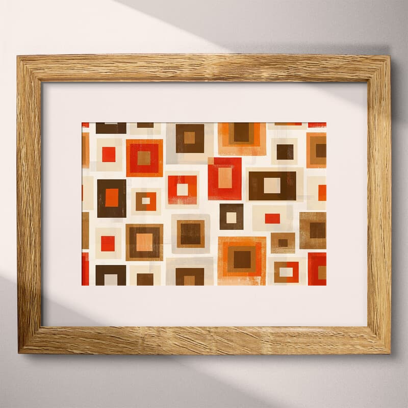 Matted frame view of A scandinavian textile print, pattern of squares and rectangles