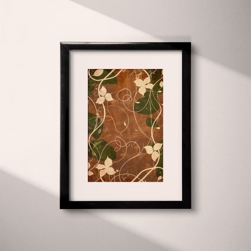 Matted frame view of An art deco tapestry print, symmetric intricate floral vine pattern