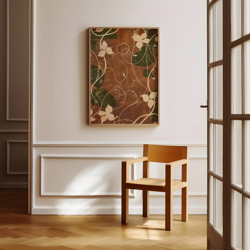 Room view with a full frame of An art deco tapestry print, symmetric intricate floral vine pattern