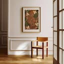 Room view with a matted frame of An art deco tapestry print, symmetric intricate floral vine pattern