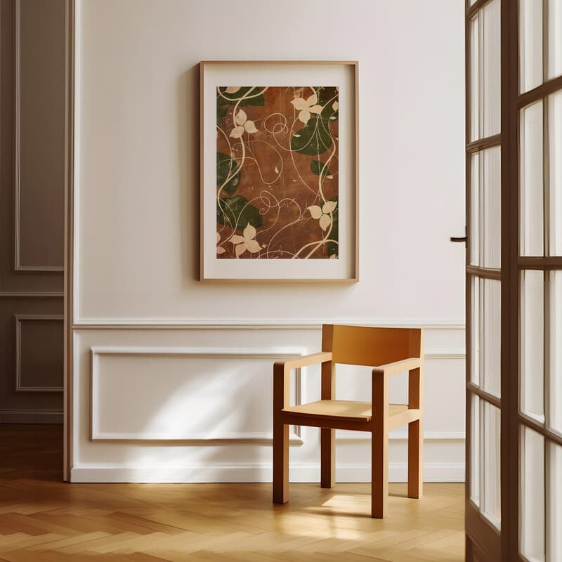 Room view with a matted frame of An art deco tapestry print, symmetric intricate floral vine pattern