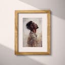 Matted frame view of An afrofuturism oil painting, a man praying, side view