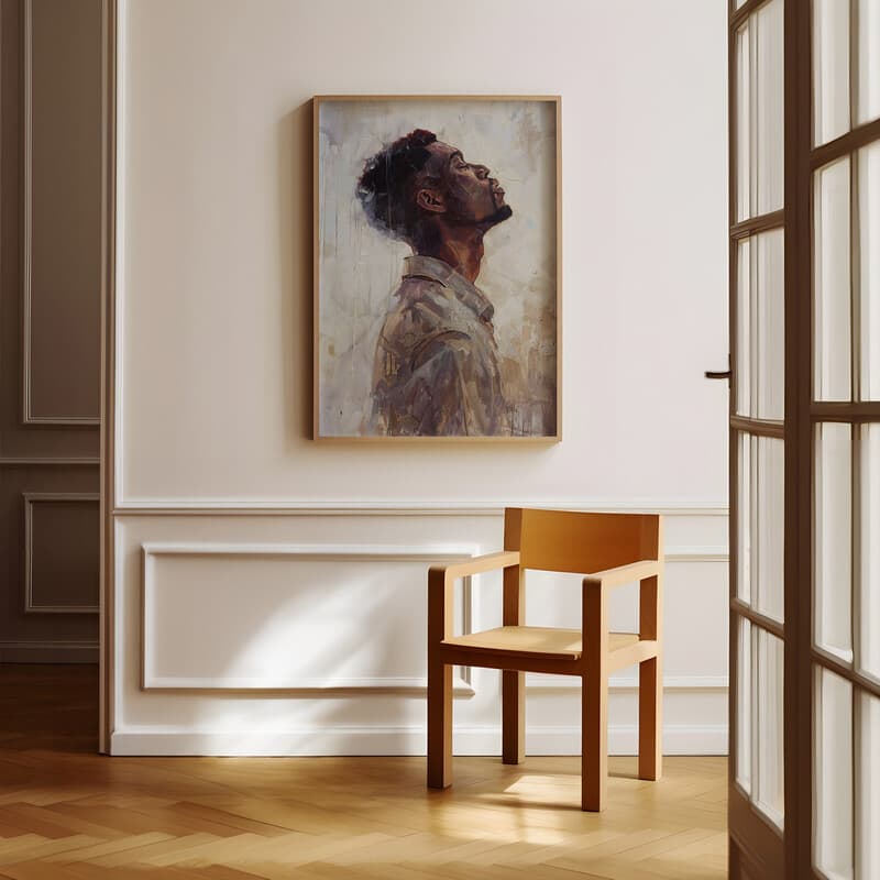 Room view with a full frame of An afrofuturism oil painting, a man praying, side view