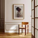 Room view with a matted frame of An afrofuturism oil painting, a man praying, side view