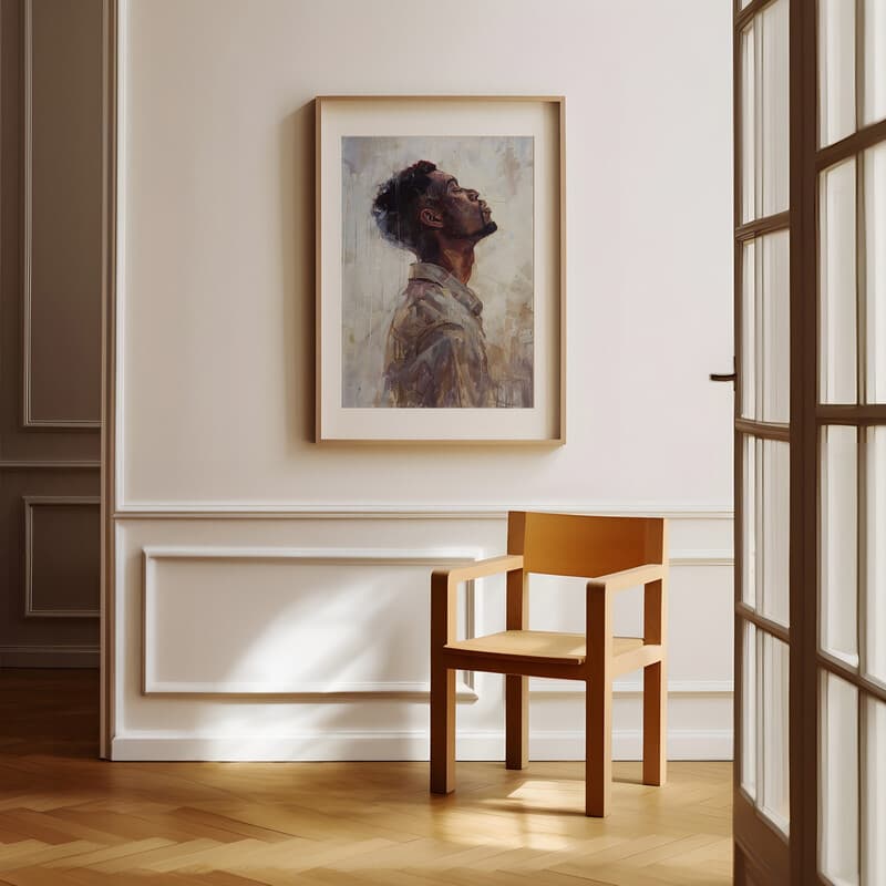 Room view with a matted frame of An afrofuturism oil painting, a man praying, side view