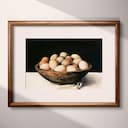 Matted frame view of A farmhouse pastel pencil illustration, a wooden bowl full of eggs