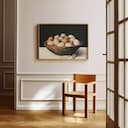 Room view with a full frame of A farmhouse pastel pencil illustration, a wooden bowl full of eggs