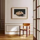 Room view with a matted frame of A farmhouse pastel pencil illustration, a wooden bowl full of eggs