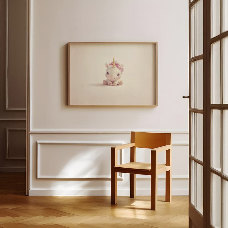 Room view with a full frame of A cute chibi anime colored pencil illustration, a unicorn