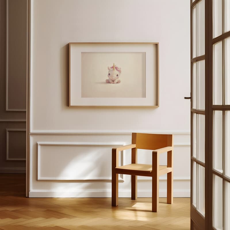 Room view with a matted frame of A cute chibi anime colored pencil illustration, a unicorn