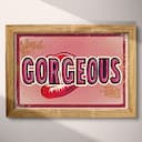 Full frame view of A vintage linocut print, the word "GORGEOUS" with a graphic of lips