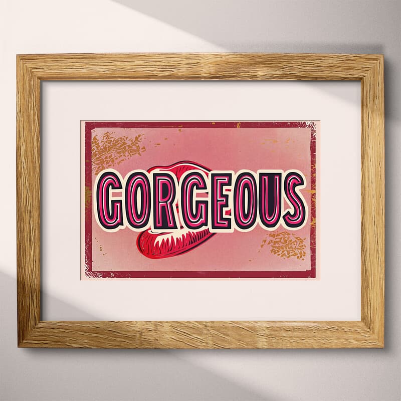 Matted frame view of A vintage linocut print, the word "GORGEOUS" with a graphic of lips