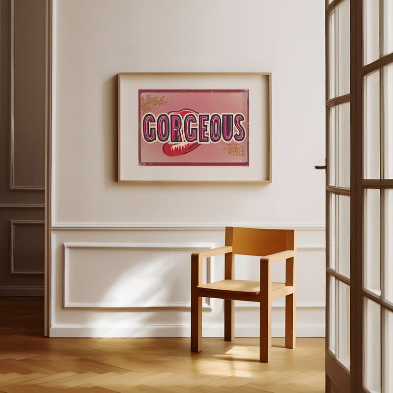 Room view with a matted frame of A vintage linocut print, the word "GORGEOUS" with a graphic of lips