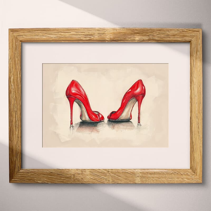 Matted frame view of A contemporary pastel pencil illustration, red high heel shoes