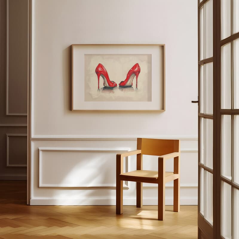 Room view with a matted frame of A contemporary pastel pencil illustration, red high heel shoes